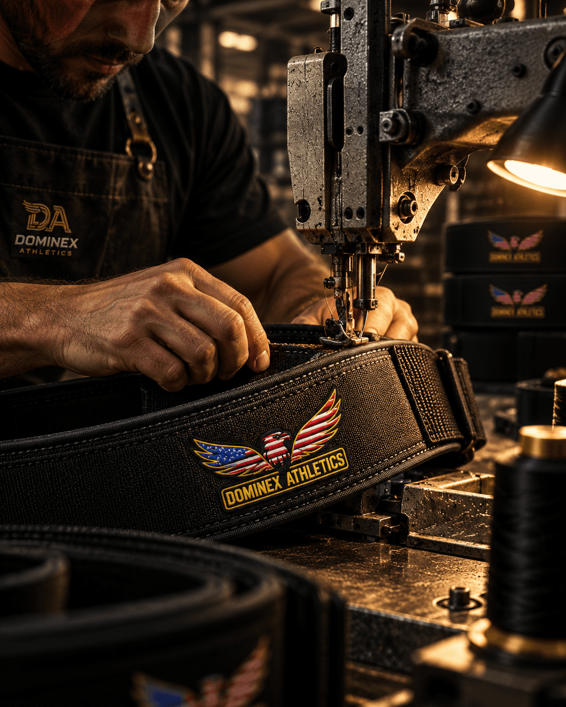 Dominex lifting belt being stitched on a workshop machine
