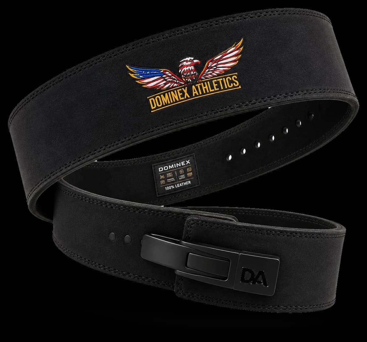 Dominex Leather Lever Powerlifting Belt, 4 inch black weightlifting belt with eagle emblem and DA lever buckle