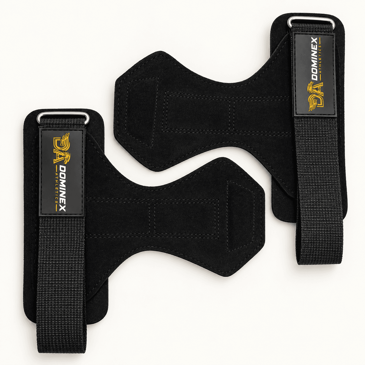 Pair of Dominex weightlifting grips with suede leather palm, rubber grip sheet and neoprene wrist support